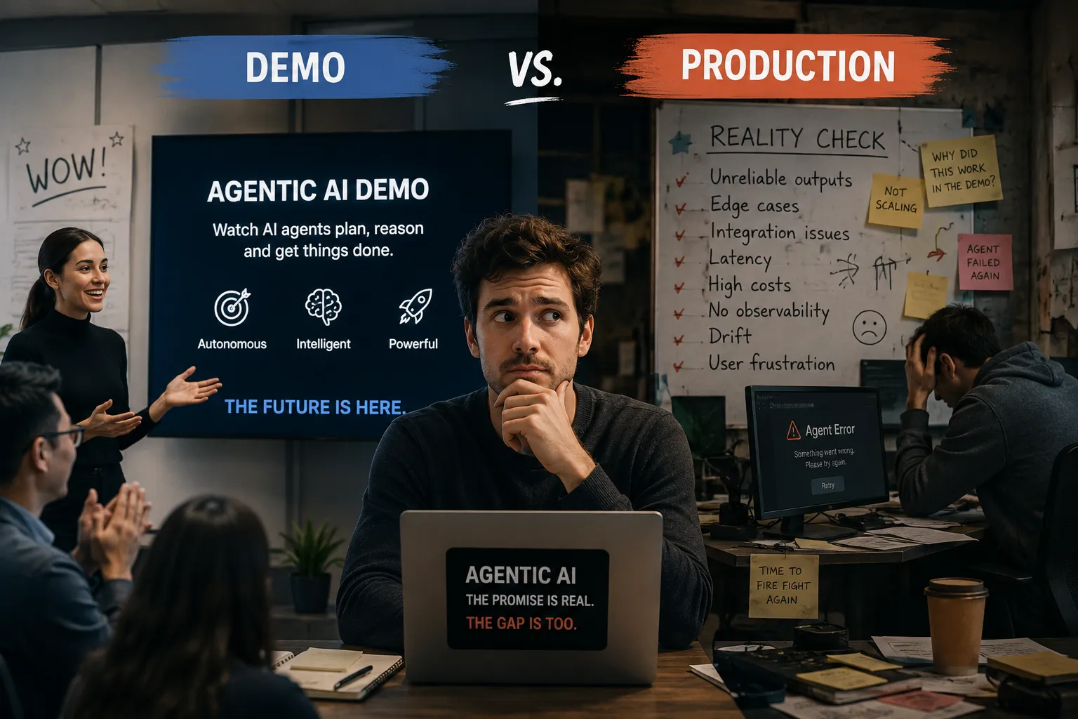 A split scene labelled Demo versus Production. On the demo side, a presenter excitedly shows a polished Agentic AI Demo slide reading "The future is here" to an applauding audience. On the production side, a whiteboard headed Reality Check lists unreliable outputs, edge cases, integration issues, latency, high costs, no observability, drift, and user frustration, while a developer holds his head beside an Agent Error screen. In the centre a worried engineer sits at a laptop reading "Agentic AI: the promise is real, the gap is too."