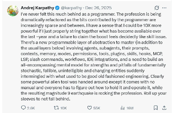 Andrej Karpathy tweet from December 2025 about feeling behind as a programmer, describing the new programmable layer of abstraction that includes agents, sub-agents, prompts, context, memory, modes, permissions, tools, plugins, skills, hooks, MCP, slash commands, and IDE integrations
