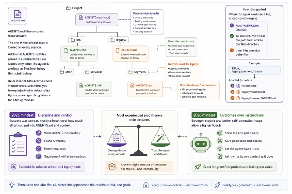 Diagram of how AGENTS.md works at project level: root file vs subdirectory variants, what it controls (agent behavior, conventions, what tests to run, what to avoid), with an outcome view showing the kind of guidance designers should optimize for