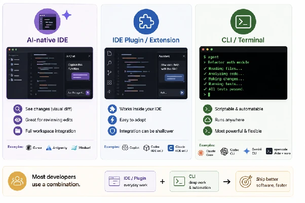 Comparison of the three surfaces engineers use to work with agents: AI-native IDE, IDE plugin or extension, and CLI or terminal. Each column lists representative tools and trade-offs; the bottom note says most developers use a combination