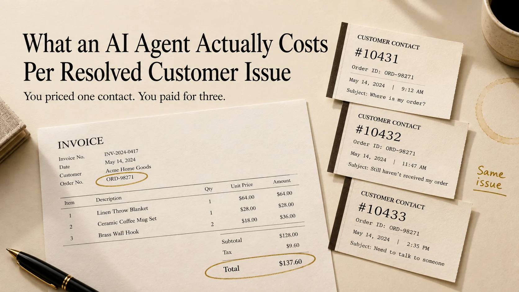 A printed invoice lies on a cream desk beside a fountain pen, with the order number ORD-98271 and the total of $137.60 circled in gold. To the right, three customer contact tickets fan out, numbered 10431, 10432 and 10433, all carrying the same order ID and the same date, with subjects reading "Where is my order?", "Still haven't received my order" and "Need to talk to someone". A handwritten gold note beside them reads "Same issue". Serif text at the top left reads "What an AI Agent Actually Costs Per Resolved Customer Issue" above a line reading "You priced one contact. You paid for three."