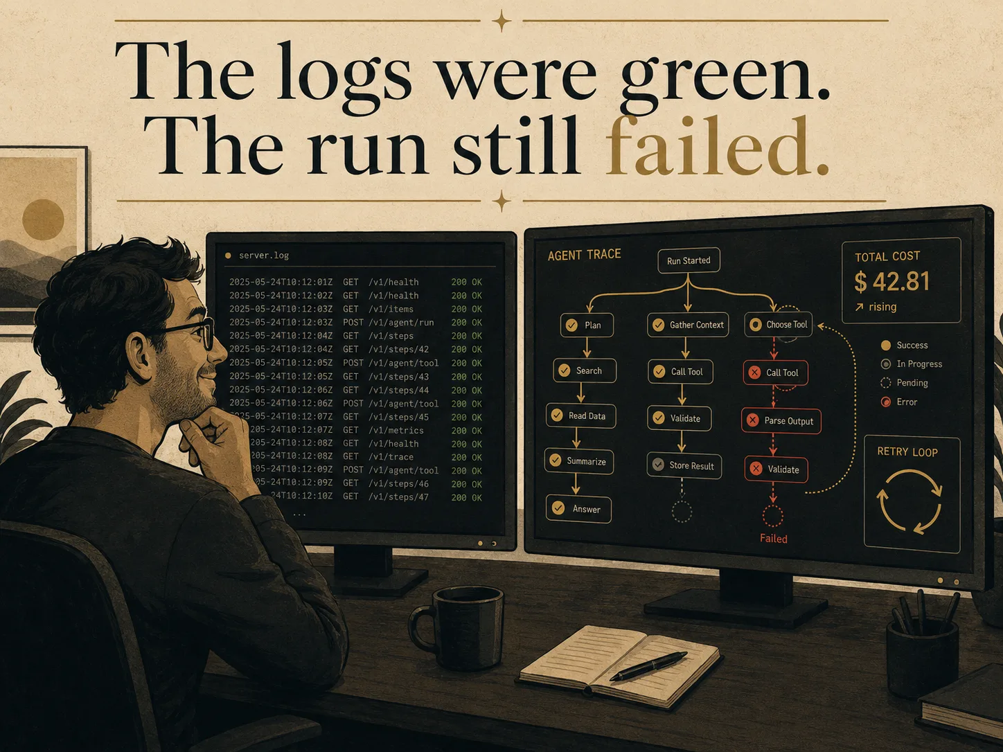 An operator sits at a control-room desk facing two monitors. The left screen shows a calm green request log: 200 OK, 200 OK, 200 OK. The right screen shows a branching agent trace with a red wrong-turn node, a cost meter ticking up, and a retry loop. A label at the bottom reads: the logs were green, the run still failed.