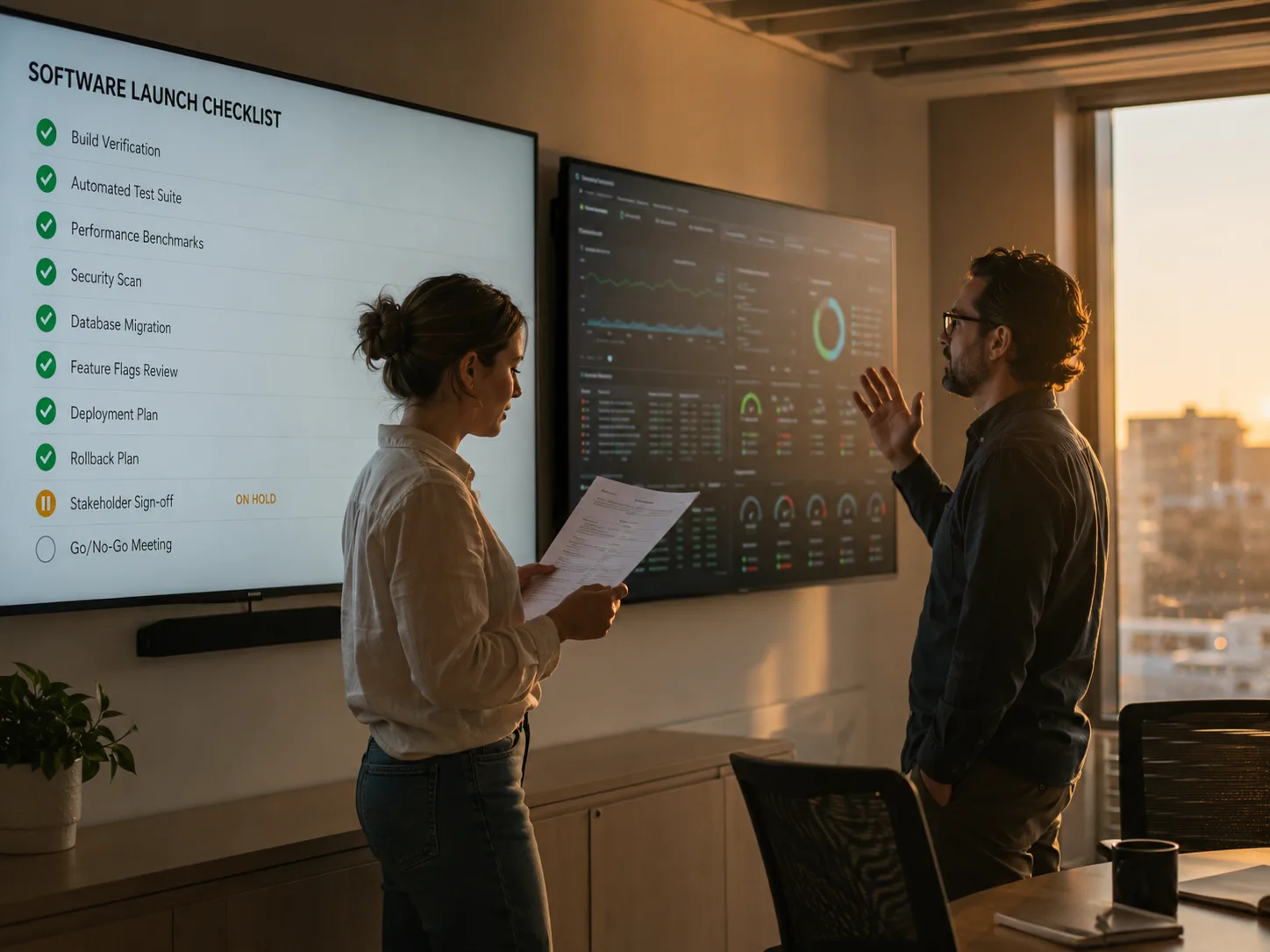 Two colleagues run a software launch checklist aloud at a wall screen in a warm, late-afternoon office. One holds a printed page and reads an item; the other faces the screen with a hand raised, answering it. On the screen, eight items carry a green tick, Stakeholder Sign-off is flagged in amber as ON HOLD, and the final item, Go/No-Go Meeting, is still unticked. A live operations dashboard glows on a second screen beside them.
