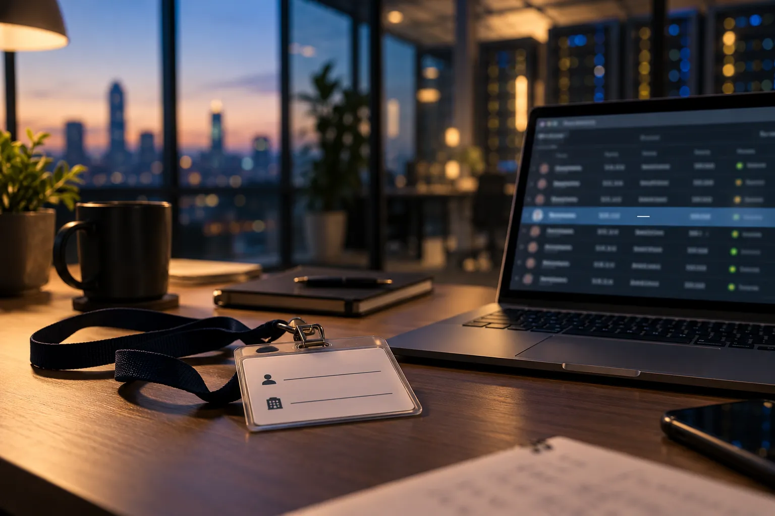 A blank visitor badge on a dark lanyard lies on a wooden desk at dusk. Its two lines, one marked with a person icon and one with a building icon, are both empty. Behind it, a laptop shows an activity log with one highlighted row whose entry is blank, and beyond the office glass a city skyline and lit server racks fade into evening light.