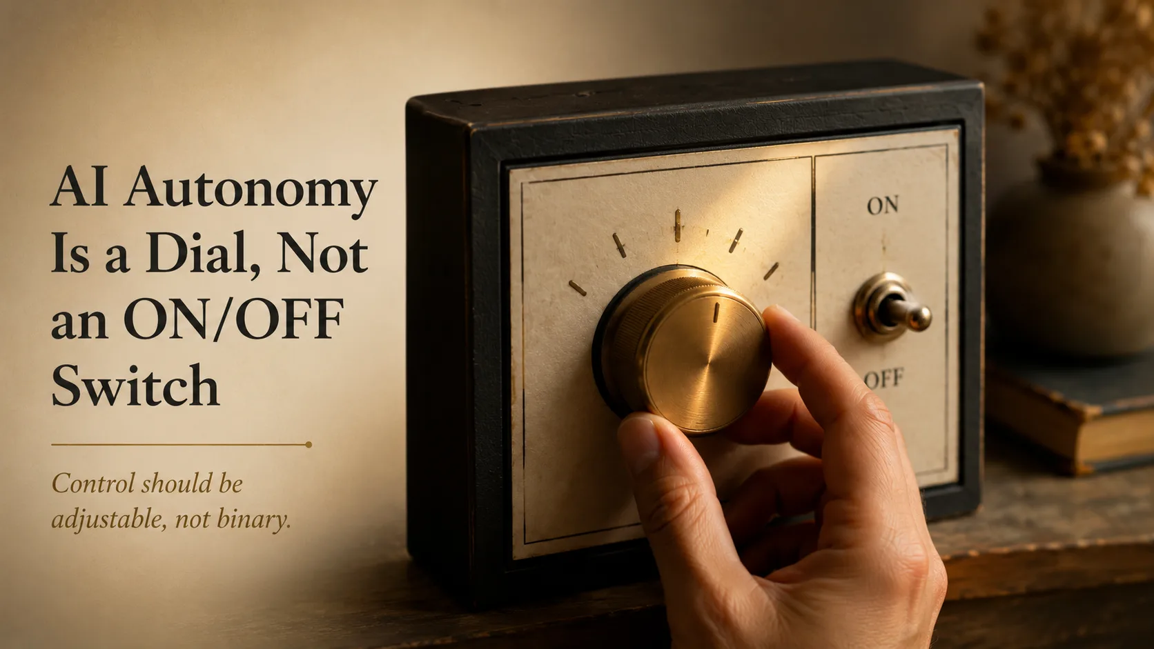 A hand turns a polished brass dial set into a warm cream panel on a dark control box, with a small ON/OFF toggle switch on a second panel beside it for contrast. Tick marks arc above the dial and soft gold light falls across it. Serif text at the left reads "AI Autonomy Is a Dial, Not an ON/OFF Switch" above a line reading "Control should be adjustable, not binary."