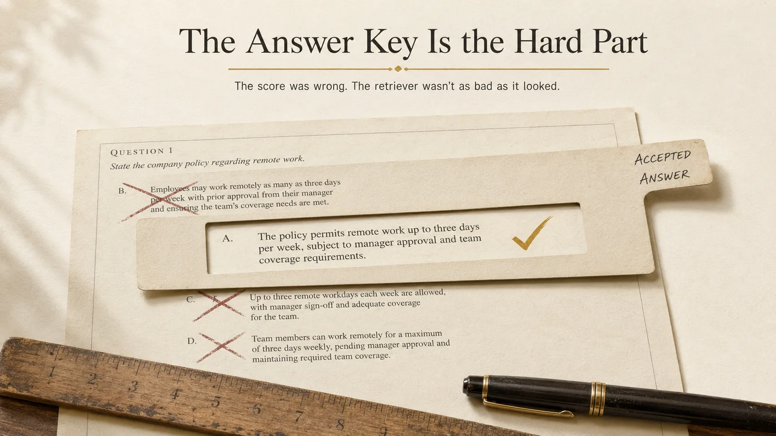A flat lay on cream paper. An exam page headed "Question 1: State the company policy regarding remote work" carries four answers, A to D, and all four say the same thing: that employees may work remotely up to three days a week with manager approval and adequate team coverage. An opaque card stencil labelled "Accepted answer" lies across the page, cut with a single window that reveals only answer A, which carries a gold tick. Answers B, C and D are each struck through with a red brown X even though they state the same policy in different words. A wooden ruler and a fountain pen rest along the bottom edge. Display text above reads "The Answer Key Is the Hard Part", underlined in gold, above a line reading "The score was wrong. The retriever wasn't as bad as it looked."