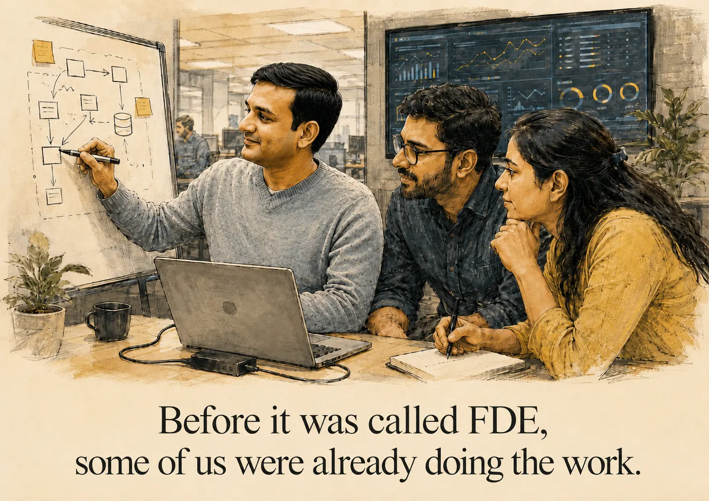 An engineer sits at a shared desk on a customer floor, laptop open on the customer systems, sketching a workflow on a whiteboard while two of the customer team look on. Live production dashboards glow on a wall screen behind them. A caption at the bottom reads: before it was called FDE, some of us were already doing the work.
