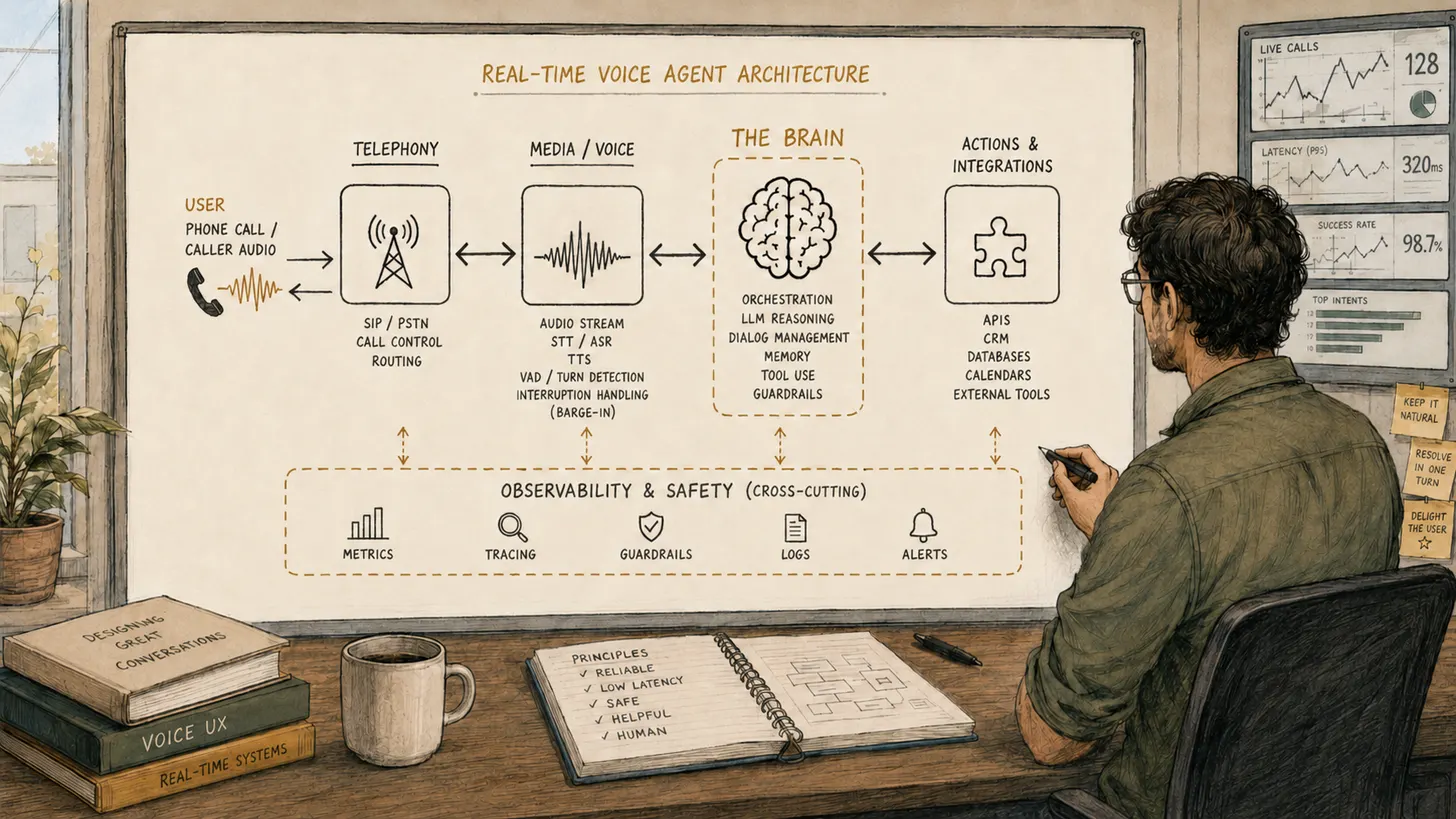 An engineer at a desk studies a whiteboard titled Real-Time Voice Agent Architecture. Labelled boxes flow left to right: a caller phone call, then Telephony (SIP, PSTN, routing), then Media and Voice (audio stream, speech-to-text, text-to-speech, turn detection, barge-in), then The Brain (orchestration, LLM reasoning, dialog management, memory, tool use, guardrails), then Actions and Integrations (APIs, CRM, databases, tools). A cross-cutting Observability and Safety row runs beneath. Live call dashboards glow on the wall.