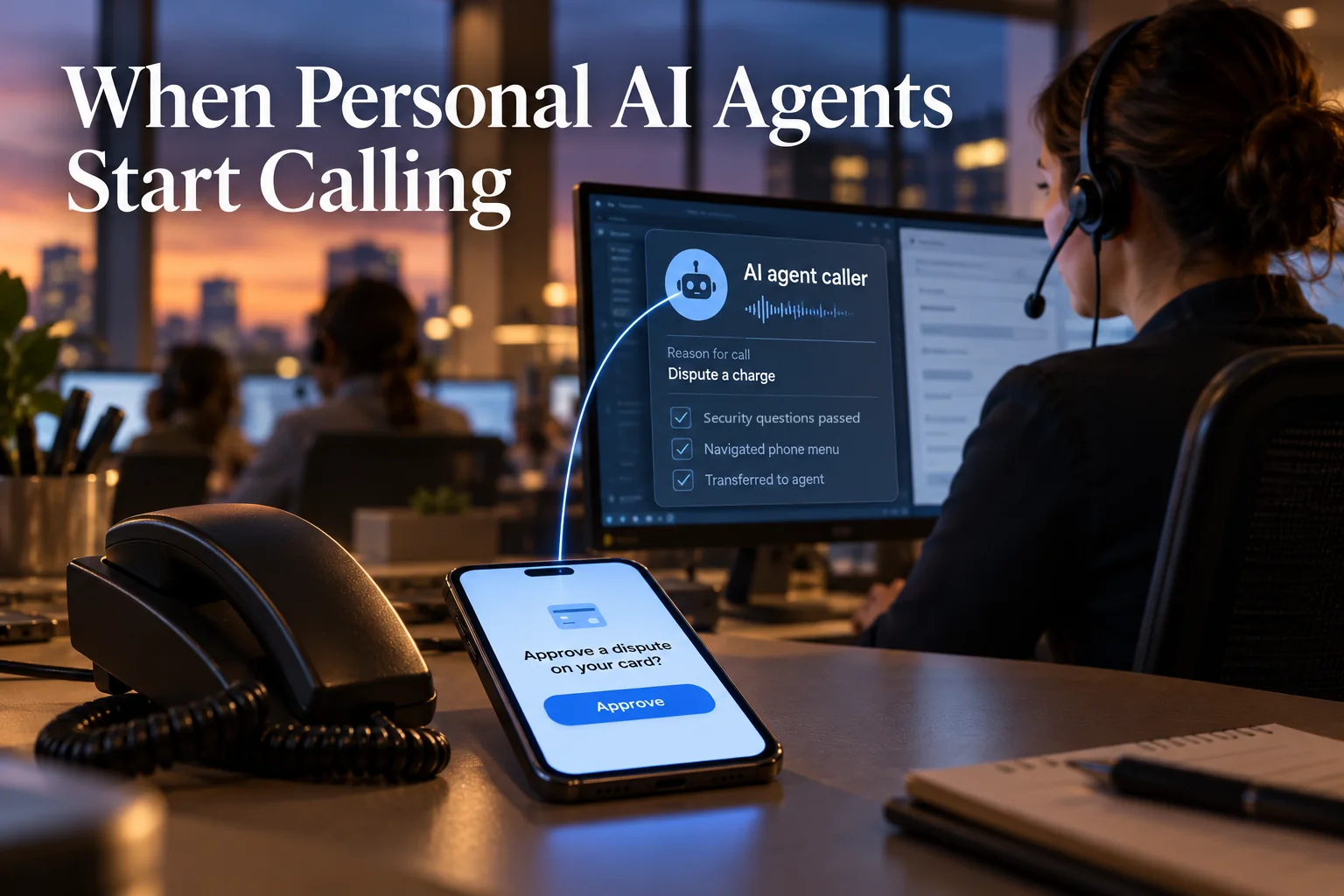 A bank contact center at dusk. On the desk, beside an old desk phone, a smartphone shows a banking app prompt reading "Approve a dispute on your card?" with an Approve button not yet tapped. A thin line of light runs from the phone to a monitor, where a contact center agent in a headset is looking at a caller card labelled "AI agent caller", reason for call "Dispute a charge", with ticks beside "Security questions passed", "Navigated phone menu" and "Transferred to agent". Serif text at the top left reads "When Personal AI Agents Start Calling".