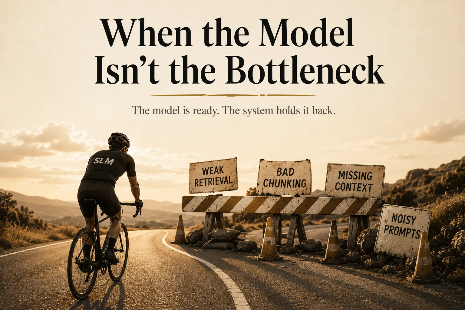 A road cyclist seen from behind, in a dark jersey marked "SLM", rides an open road that curves toward a warm horizon at golden hour. Ahead, a weathered striped roadwork barrier and four hand-lettered signs block the way, each labelled with one system problem: "Weak retrieval", "Bad chunking", "Missing context", and "Noisy prompts", with muted ochre traffic cones around them. Ink serif display text across the cream sky reads "When the Model Isn't the Bottleneck", underlined in gold, above a line reading "The model is ready. The system holds it back."